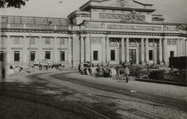 View of road construction in front of palatial building, Leningrad