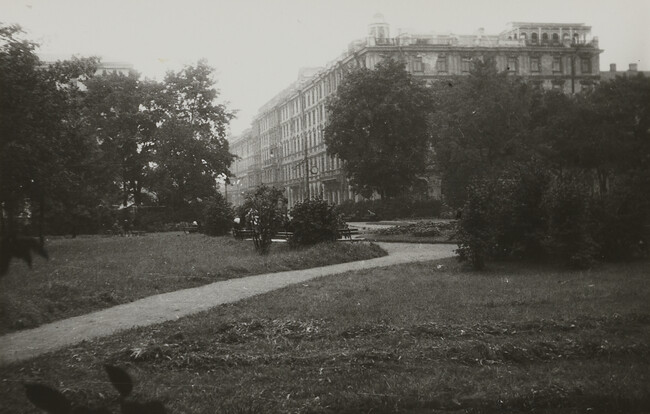 View of building through trees and bushes, Leningrad