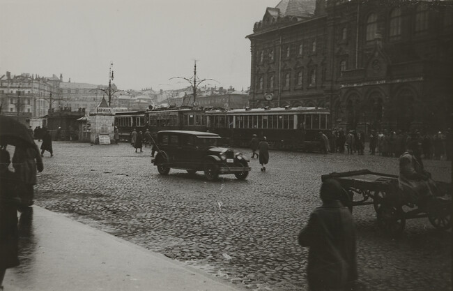 Street scene with car and streetcar, Moscow