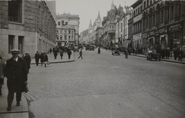 View of street lined with shops, Moscow