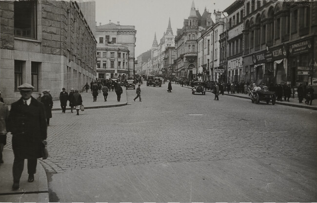 View of street lined with shops, Moscow