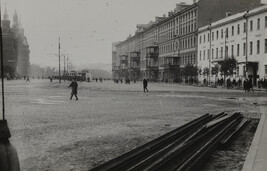Street scene with metal beams in foreground, Moscow