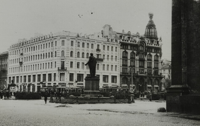 Kazan Cathedral on extreme right, building with cupola former Singer Sewing Maching Company building, Leningrad