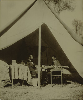 President Abraham Lincoln and Major General George B. McClellan in the General's Tent at Antietam,...