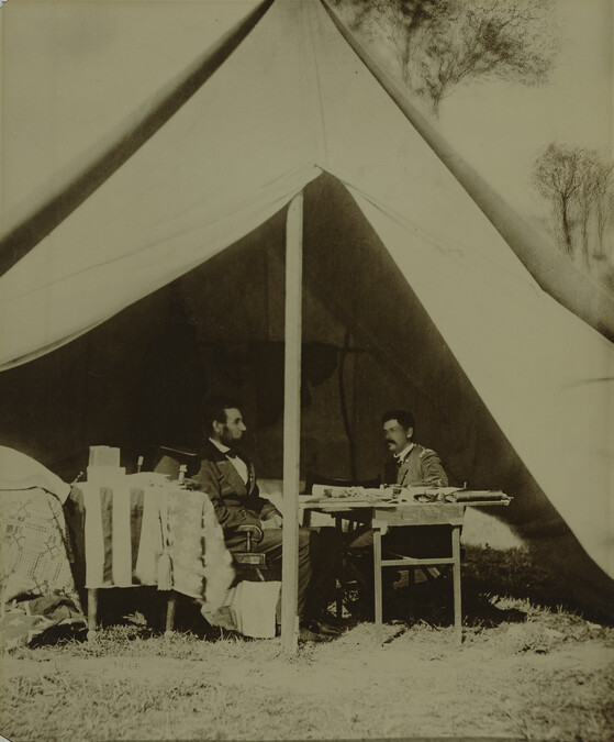 President Abraham Lincoln and Major General George B. McClellan in the General's Tent at Antietam, Maryland