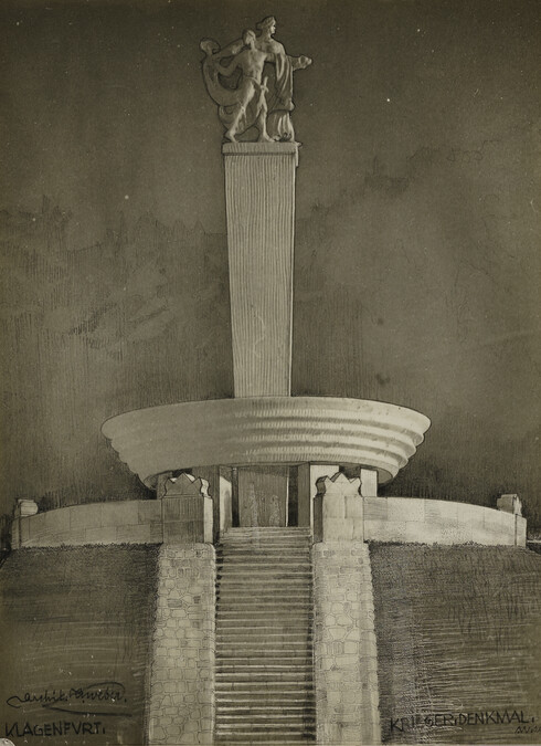 Architectural Drawings and Designs for Monuments: Soldier Memorial in Klagenfurt, Karnthen, Austria.  The Walkure Leads Soldier into Battle