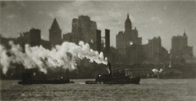 Tug and New York Skyline:  from the portfolio Twenty-two Little Contact Prints from 1921-1929 Negatives