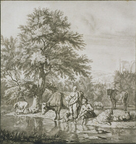 Herder en herderin met kudde bij een river (Herdsman and Herdswoman with Herd by a River)