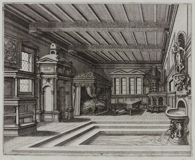 Interior with Buffet, Entrance Portal, and Canopy Bed, plate 5 from Scenographiae sive Perspectivae (Scenography or Perspectives)