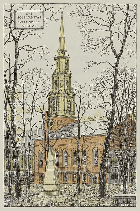 A View of the Granary Burying-Ground, showing Monument to Benjamin Franklin's Parents and Park Street Church (greeting card)