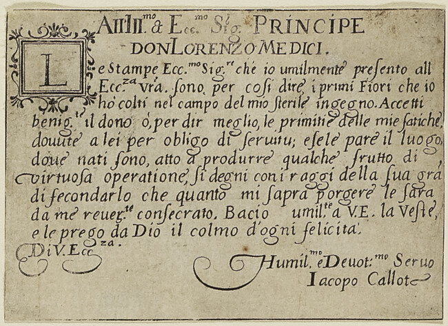 Dédicace à Laurent de Médicis (Dedication to Lorenzo de' Medici), from the series Capricci di varie figure (Les Caprices ; The Caprices series)