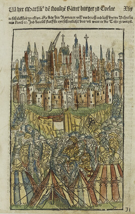 Battle with City of Cologne in Background, from Die Chronica van der hilliger Stat van Coellen (The...