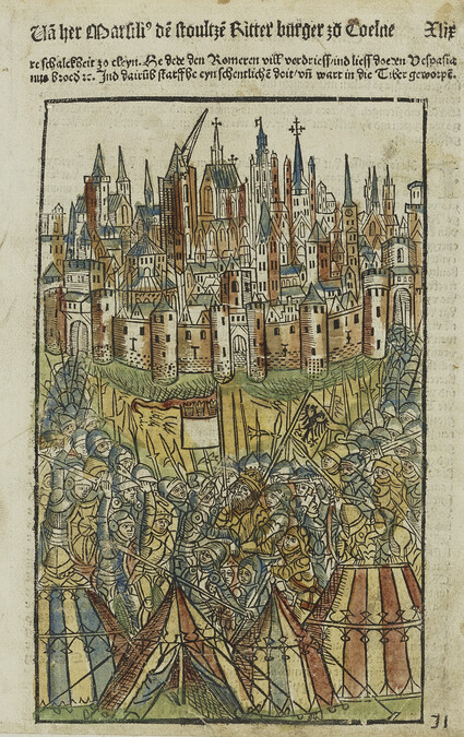 Battle with City of Cologne in Background, from Die Chronica van der hilliger Stat van Coellen (The Cologne Chronicle)