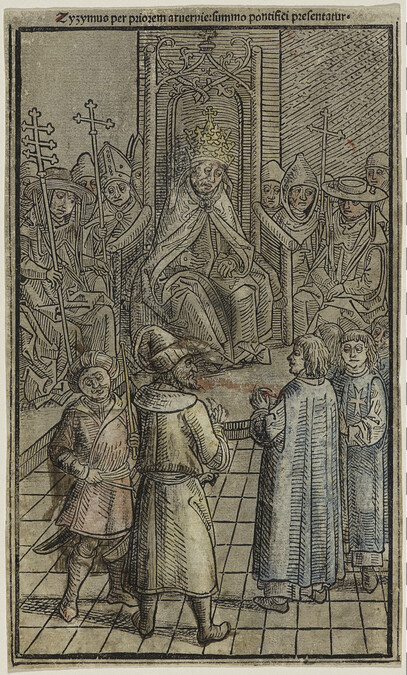 Zyzymus per priorem aruernie summo pontifici presentatur (Zyzymus Presented By Prior Aruernix to the Supreme Pontiff), from De Casu Regis Zyzymy
