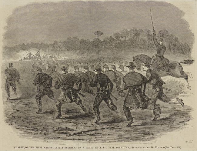 Charge of the First Massachusetts Regiment on a Rebel Rifle Pit Near Yorktown.
