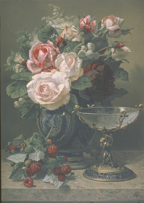 Still Life with Flowers in Vase (roses and raspberries)