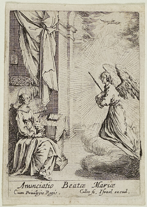 Anunciatio Beatæ Mariæ (L'Annonciation ; Annunciation of the Blessed Virgin ; Annunciation, with angel approaching the seated Mary from the left, and the dove of the Holy Spirit above), from the series Vita et historia beatæ Mariæ virginis matris Dei (La Vie de la Vierge ; The Life and History of the the Blessed Virgin Mary, Mother of God)