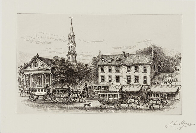 View of St. Paul's Church and Broadway Stages in 1831, with site of the 