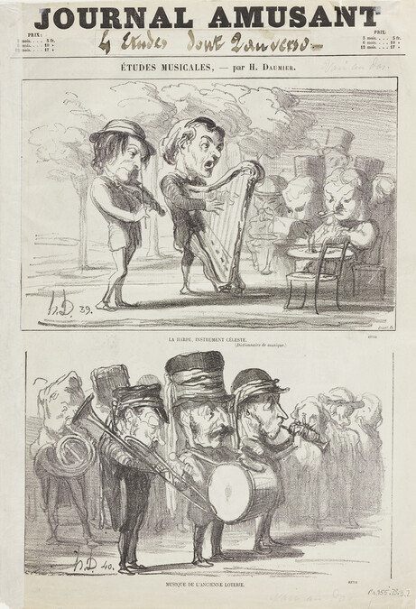 La Harpe, Instrument Céleste (The Harp, Celestial Instrument) and Musique de l'Ancienne Loterie (Music of the Old Lottery), from the series Études Musicales (Musical Studies) in the Journal Amusant (PR.955.73.3.1 on recto)