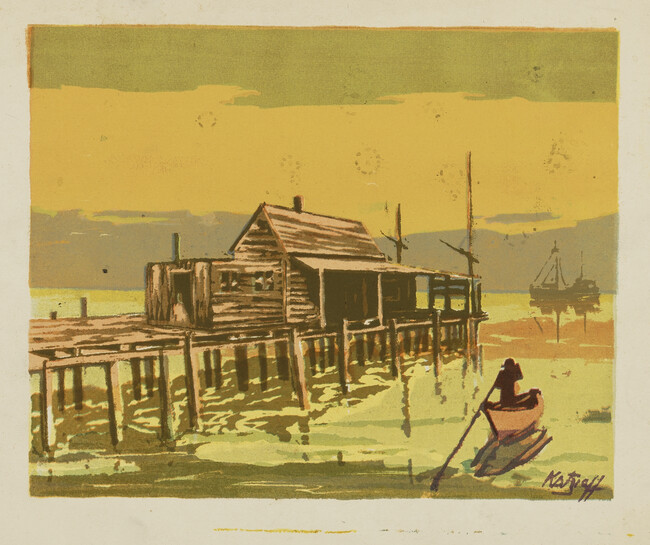 Untitled.  Scene with wooden pier, building at end, ship's silhouette...