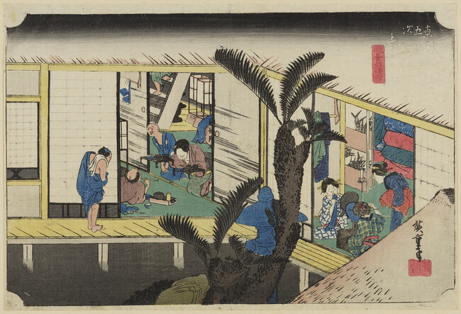 Travelers and Hostesses at an Inn at Akasaka (Akasaka ryosha shofu no zu) Station 37 from the series Fifty-three Stations of the Tokaido Road (Tokaido gojusantsugi no uchi) (Hoeido)