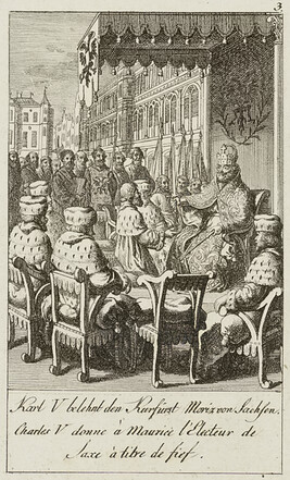 Karl V belehnt de Kurfürst Moriz von Sachsen ; Charles V donne à Maurice l'Electeur de Saxe à titre de...