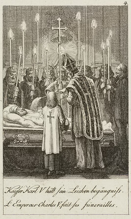 Kayser Karl V hält sein Leichenbegängniss ; L'Empereur Charles V fait ses funerailles (Charles V Has His...