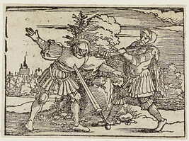 Saul and His Squire Stab Themselves During the Escape, from the book Biblicae Historiae