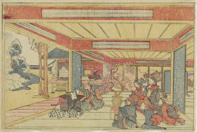 Okaru and Kampei. Bannai try to arrest Kampei outside castle of Ye Do (Edo), number 4 from the series The Loyal League of Forty-seven Ronin (Uki-E Chushingura)