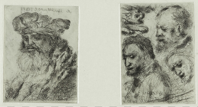 Copy of Rembrandt's Etching of a Bearded Man Wearing a Velvet Cap with a Jewel Clasp (H.150) and Three Studies of Old Men's Heads (H.25)