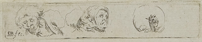 Four Caricatures and Two Figures in a Landscape, from Second recueil de divers griffounnements et preuves d'eau-forte (Second Collection of Diverse Sketches and Etching Proofs)