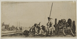 Cannon with Soldiers playing cards, from Desseins de quelques conduites de troupes canons et attaques de...