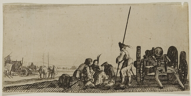 Cannon with Soldiers playing cards, from Desseins de quelques conduites de troupes canons et attaques de ville faictes par de la Bella