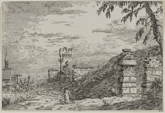 Paesaggio con torre e pilastri in rovina (Landscape with Tower and Two Ruined Pillars), from the series Vedute altre prese da i luoghi altre ideate (Views, Some Representing Actual Sites, Others Imaginary