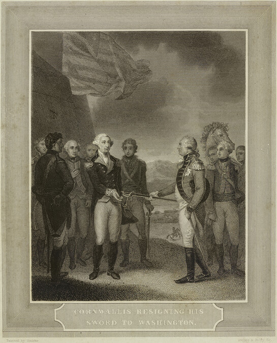 Cornwallis Resigning his Sword to Washington, from The history and topography of the United States of North America