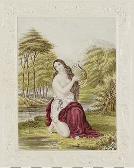 Untitled.  Young woman, partially clad, on grass by a stream with lyre.