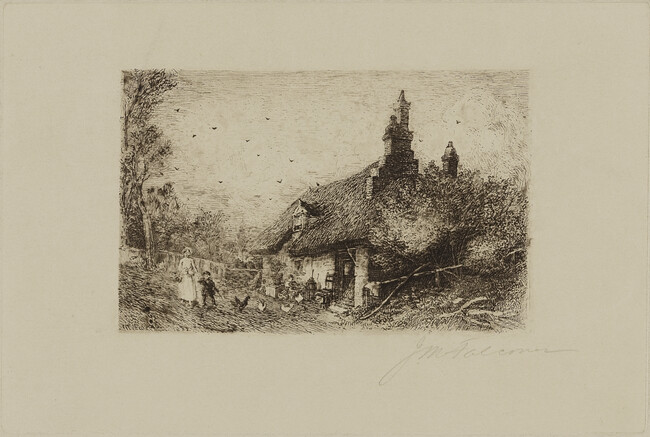Untitled (Country cottage, chickens in yard, woman and little boy)