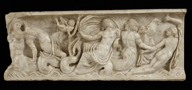 Sarcophagus Fragment with Eros, Three Nereids, a Triton, a Ichthyocentaur, and a Hippocamp