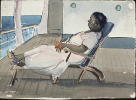 Untitled (Black Woman Seated on Deck Chaise) (recto); Untitled (Two Men without Shirts Watch Two Sloops...