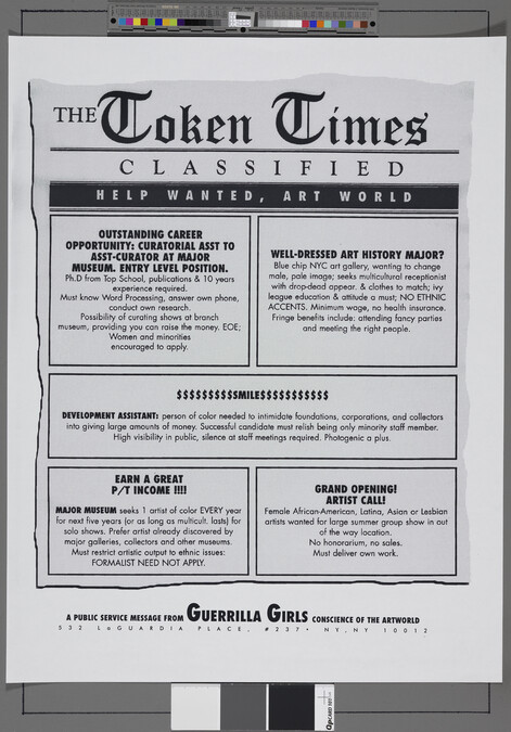 Alternate image #1 of The Token Times Classified, from the portfolio Guerrilla Girls' Most Wanted: 1985-2006