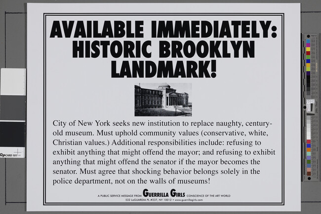 Alternate image #1 of Available Immediately: Historic Brooklyn Landmark!, from the portfolio Guerrilla Girls' Most Wanted: 1985-2006