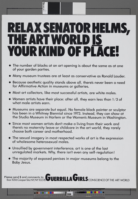 Alternate image #1 of Relax, Senator Helms, the Art World is your kind of Place!, from the portfolio Guerrilla Girls' Most Wanted: 1985-2006