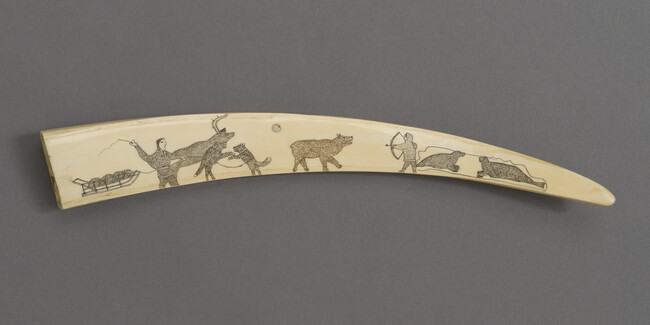 Alternate image #2 of Ivory Cribbage Board: Paired Holes with a Human Head, Green Leaves and a Seal; Reverse: Scene of a Man with a Whip with Two Dogs and a Reindeer and a Hunter Aiming a Bow and Arrow at a Brown Bear and Two Seals