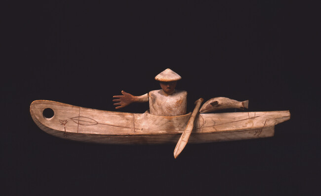 Model Kayak with Man, Paddle, Fish and Palriayuk (mythological sea monster) Design