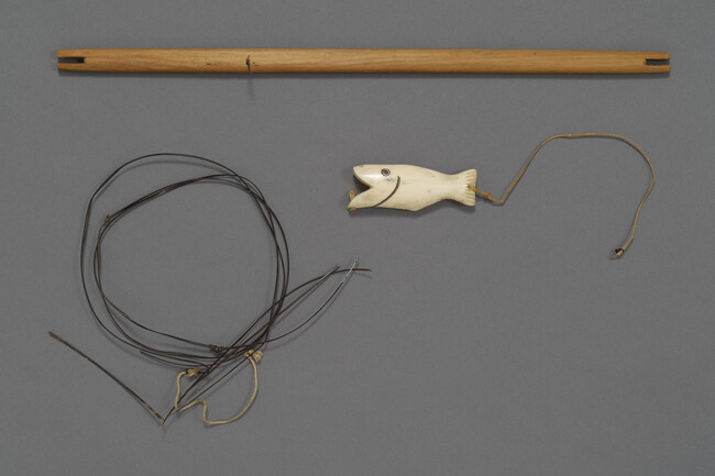 Wooden Reel, Ivory Fish Shaped Lure, and Short Segments of Baleen Line