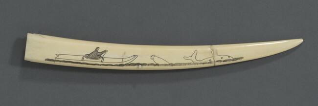 Alternate image #1 of Cribbage Board depicting a Bear Poking his Head up from an Ice Hole and a Fish; on the reverse, a Hunter in a Kayak Hunting a Whale