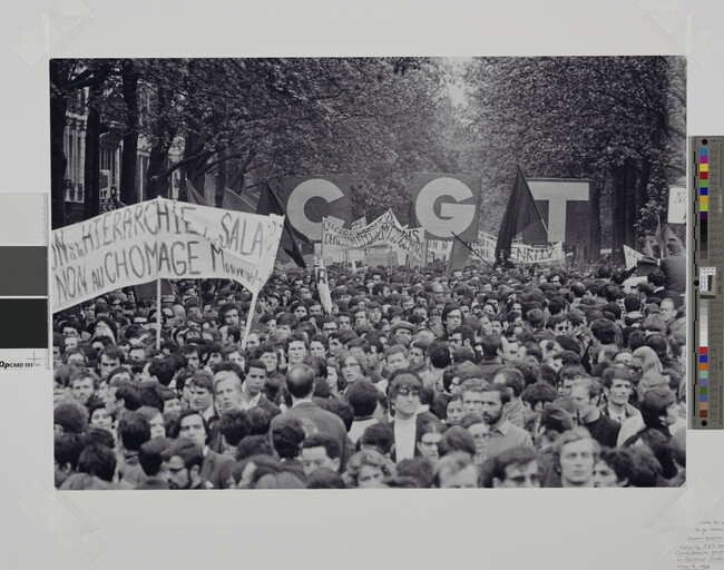 Alternate image #1 of Demonstration with workers carrying CGT banner (Confédération générale du travail, or Heneral Confederation of Labor), May 13, 1968