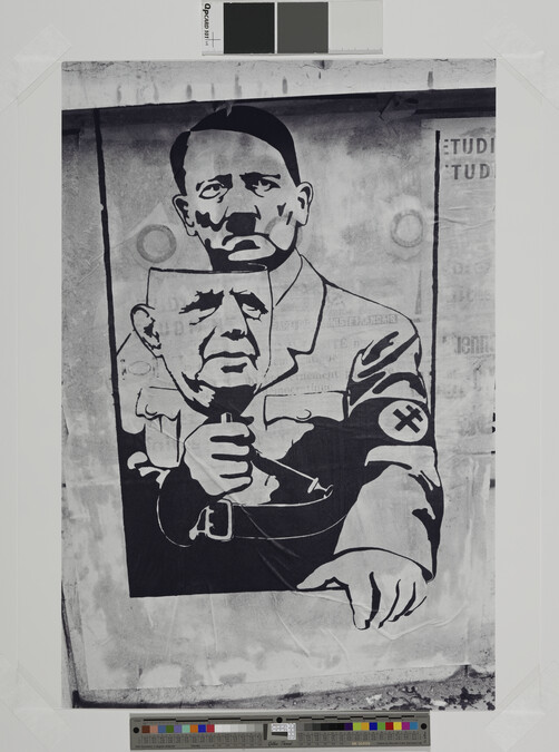 Alternate image #1 of Poster showing Hitler with a de Gaulle mask; the Cross of Lorraine replaces the swastika on his armband, May 1968