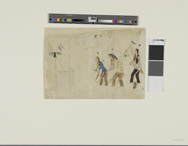 Alternate image #1 of Untitled (Joined Ledger Pages: Sun Dance Medicine Lodge / Social Dancers), from an unidentified ledger
