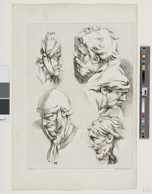 Alternate image #1 of Study of Five Heads, from Receuil de différents caractères des testes dessinées d'apres la Colonne Trajane (Study of Different Types of Heads Designed after the Column of Trajan)